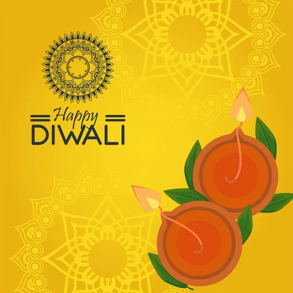 Fröhliche Diwali-Feier mit zwei Kerzen vor gelbem Hintergrund — Stockvektor