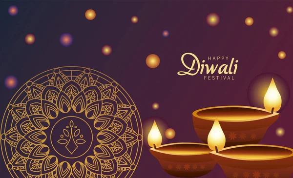 Feliz celebração diwali com três velas de madeira e mandala dourada — Vetor de Stock
