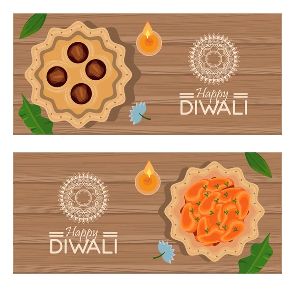 Joyeuse célébration diwali avec trois bougies dans des milieux en bois — Image vectorielle