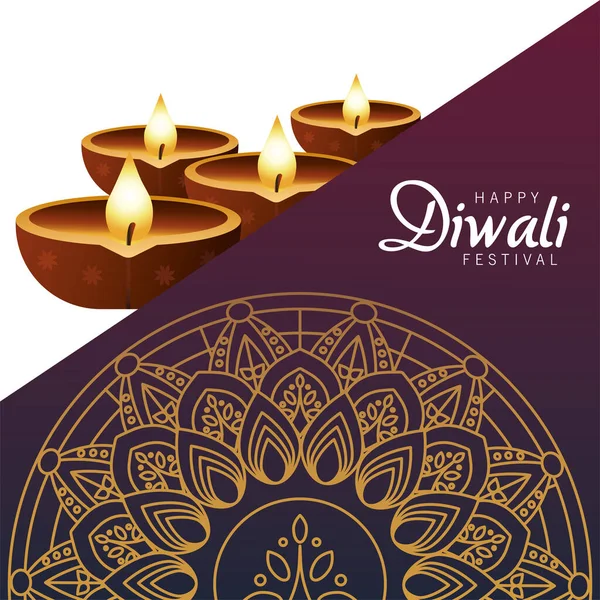 Fröhliche Diwali-Feier mit vier Kerzen aus Holz und goldenem Mandala — Stockvektor