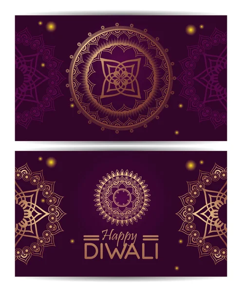 Fröhliche Diwali-Feier mit goldenen Mandalas und Schriftzug — Stockvektor