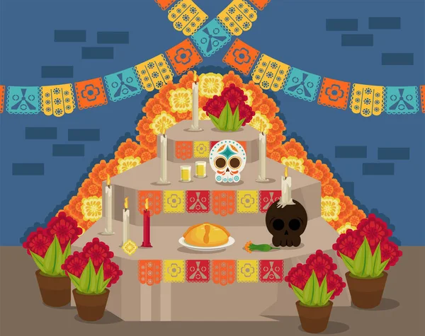 Cartel del día de los muertos con altar de oración y guirnaldas — Archivo Imágenes Vectoriales