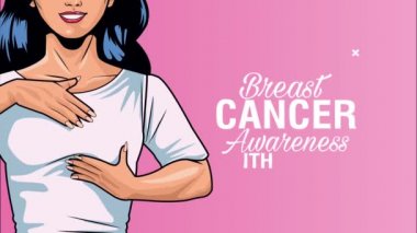 Göğüs kanseri farkındalığı ayı. Kendi kendini muayene eden bir kadın.