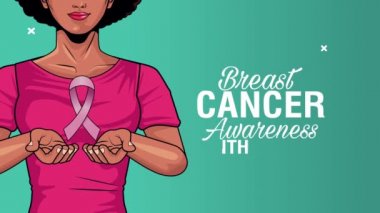 Meme kanseri farkındalığı ayı. Afro kadın pembe kurdele kaldırıyor.