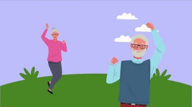 Mutlu yaşlı çift animasyon karakterlerini kutluyor.