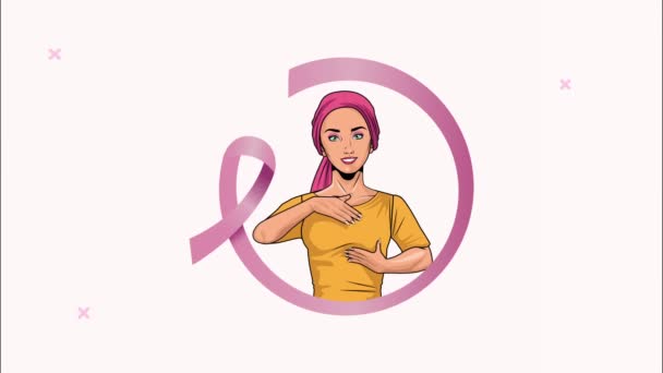 Cartel del mes de conciencia del cáncer de mama con la mujer practicando el autoexamen y la cinta rosa — Vídeo de stock