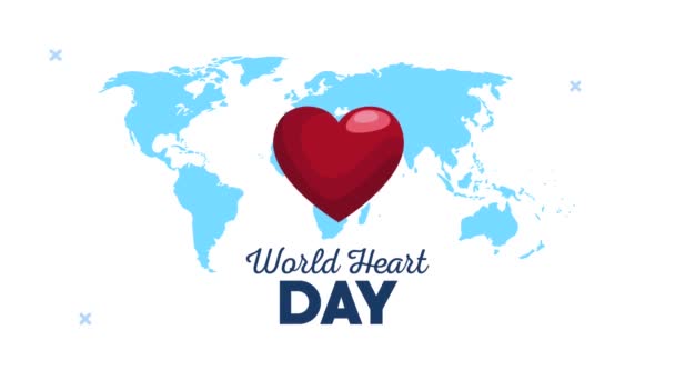 Wereld hart dag belettering animatie met hart en aarde planeet — Stockvideo