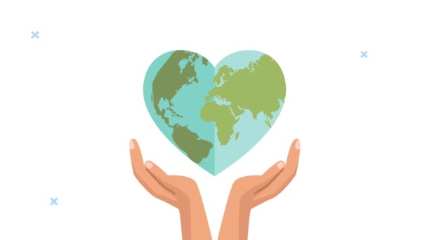 World heart day animation with hands lifting earth with heart shape — Stock Video