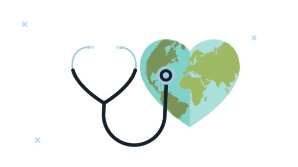 World heart day animation with earth and stethoscope — Stock Video