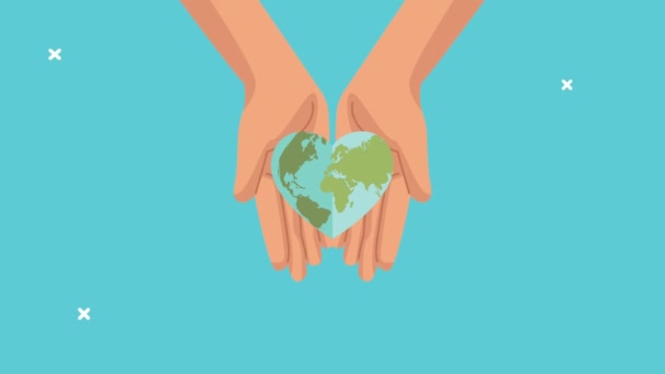 World heart day animation with hands lifting earth with heart shape — Stock Video