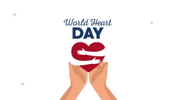 Animazione lettering giornata del cuore del mondo con mani protettive — Video Stock