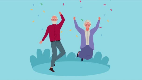 Felice vecchia coppia celebrando personaggi di animazione — Video Stock