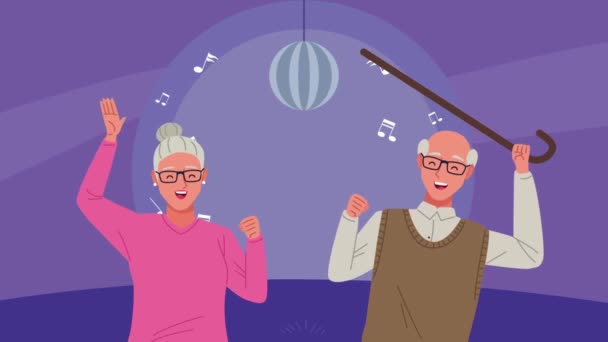 Feliz pareja de ancianos celebrando personajes de animación — Vídeos de Stock