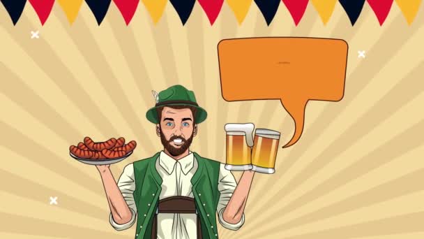 Glad oktoberfest fest fest animation med tyska äta korv och dricka öl — Stockvideo