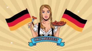 Mutlu Oktoberfest kutlamaları. Sosis yiyip, bira içip, Alman bayrakları içen seksi bir kız.