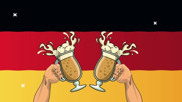 Glad oktoberfest fest fest animation med händerna skålar med öl och tyska flagga — Stockvideo
