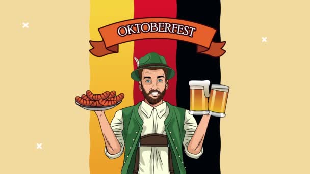 Glad oktoberfest fest fest animation med tyska äta korv och dricka öl — Stockvideo