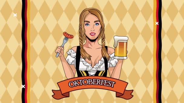 Glad oktoberfest fest fest animation med sexi flicka äta korv och dricka öl — Stockvideo