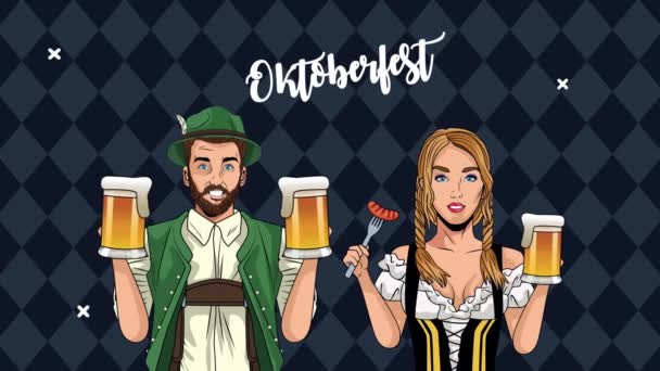 Szczęśliwy oktoberfest uroczystości animacja z niemieckimi parami pijących piwa — Wideo stockowe