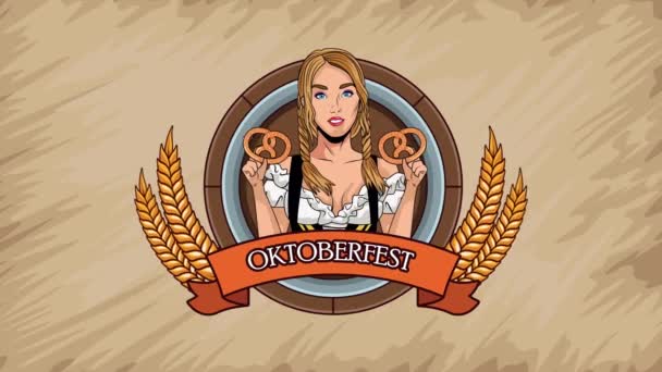 Fröhliche Oktoberfest-Feier Animation mit sexy Mädchen beim Brezelheben — Stockvideo