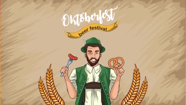 Happy oktoberfest celebration animation with german man eating sausage and pretzel — Stock Video