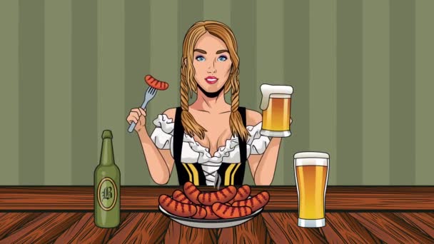 Glad oktoberfest fest fest animation med sexi flicka äta korv och dricka öl — Stockvideo