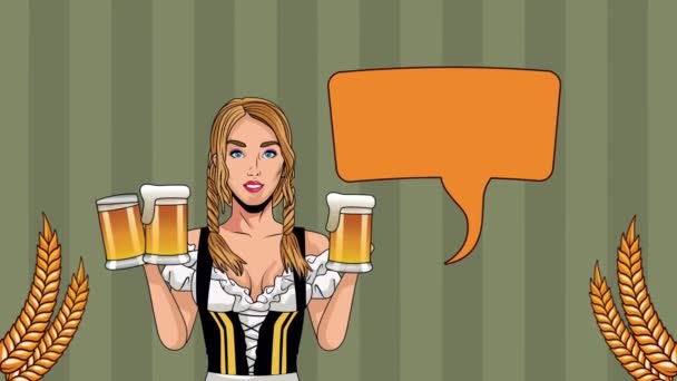 ハッピーなオクトーバーフェストお祝いアニメーションとともにセクシーな女の子持ち上げビール — ストック動画