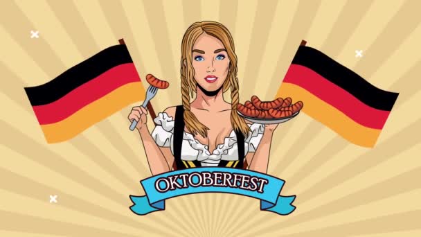 Animasi perayaan oktoberfest bahagia dengan gadis seksi makan sosis dan minum bir dan bendera germany — Stok Video