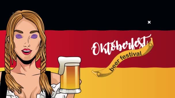 Glad oktoberfest fest animation med sexig flicka lyfta kringlor och tyska flagga — Stockvideo