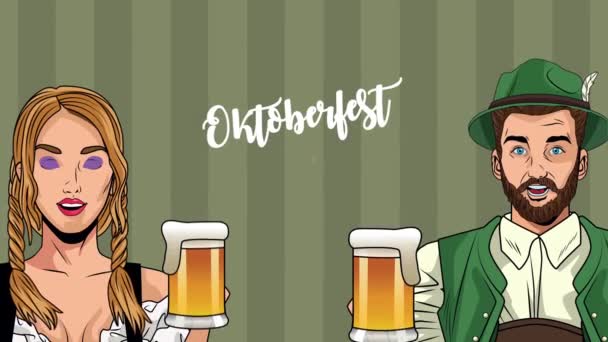 Glad oktoberfest fest fest animation med tyska par dricka öl — Stockvideo