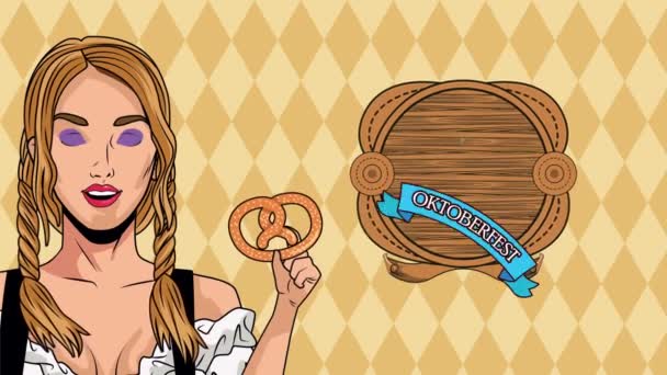 Feliz oktoberfest celebración de animación con chica sexy levantando pretzel — Vídeos de Stock