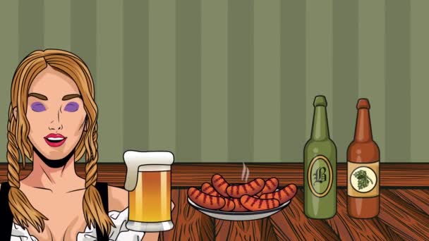 섹시 한 여자가 맥주를 마시는 행복 한 옥 토버 페스트 애니메이션 — 비디오