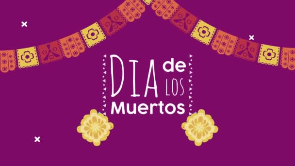 Dia de los muertos lettering celebration with garlands and flowers — Stock Video