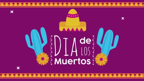 Dia de los muertos celebrazione lettering con cactus e cappello messicano — Video Stock