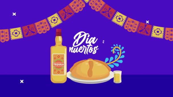 Dia de los muertos lettering celebração com tequila e torta doce — Vídeo de Stock
