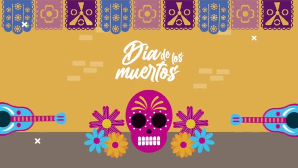 Dia de los muertos lettering celebração com crânio e guitarras — Vídeo de Stock