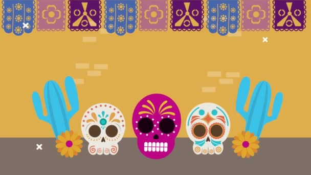 Dia de los muertos celebração com crânios e cactos — Vídeo de Stock