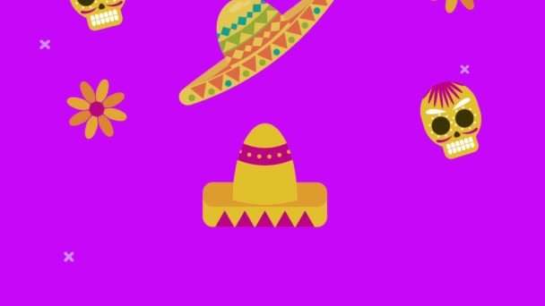 Dia de los muertos celebration with hats and skulls pattern — Stock Video