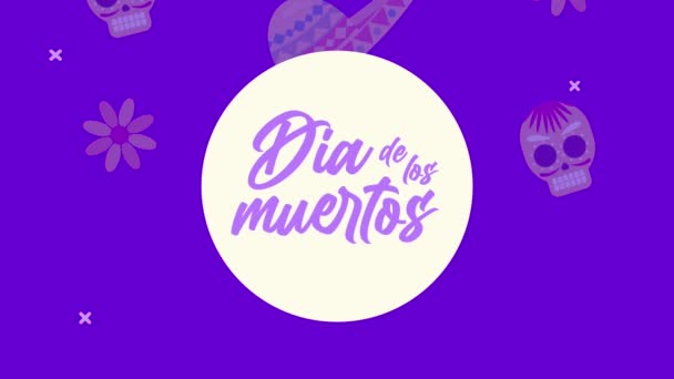 Dia de los muertos belettering viering met bloemen en schedels patroon — Stockvideo