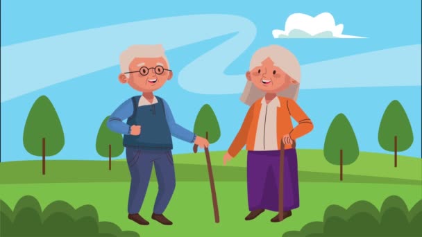 Oud paar liefhebbers wandelen activiteit personages — Stockvideo