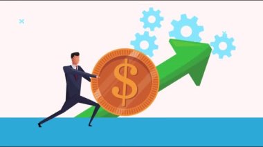 Zarif başarılı iş adamı, dişliler ve okla para basıyor.