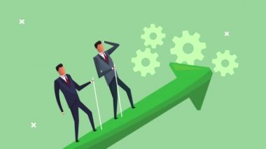 Başarılı iş adamları, dişli oklara tırmanıyor.