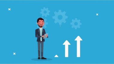 Zarif başarılı iş adamı tablet ve oklarla vites kullanıyor.