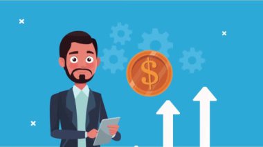 Zarif başarılı iş adamı, tablet, ok ve bozuk para kullanıyor.