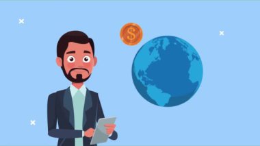 Dünya gezegeni ve madeni para dolu tablet kullanan başarılı bir iş adamı.