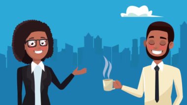 Afro başarılı iş çifti kahve içiyor.