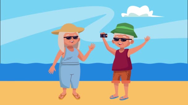 Viejos amantes de la pareja en la playa actividad personajes — Vídeos de Stock