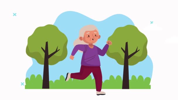 Schattig oud vrouw lopen in het kamp animatie karakter — Stockvideo