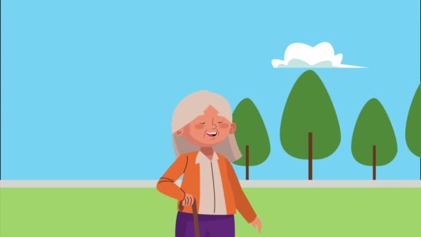 Schattig oud vrouw in het kamp animatie karakter — Stockvideo
