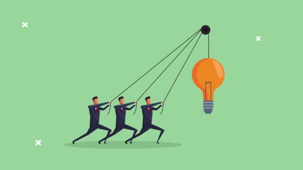 Successful businessmen team pulling bulb light — Stock Video